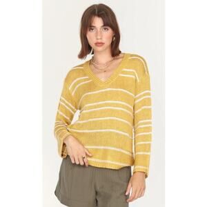 Greylin Women's Knit V-Neck Larissa Striped Pullover Sweater Size L Gold White